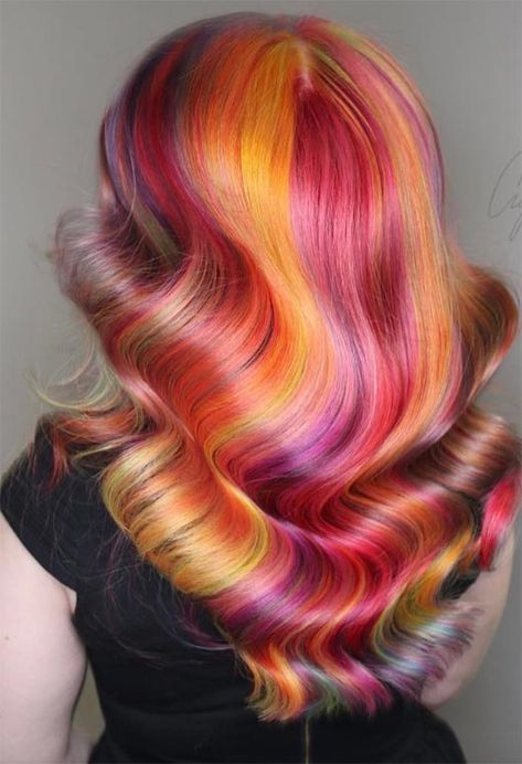 Sunset Hair Color, Neon Hair Color, Hair Doos, Vivid Hair, Sunset Hair, Vivid Hair Color, Creative Hair Color, Hollywood Hair, Neon Hair