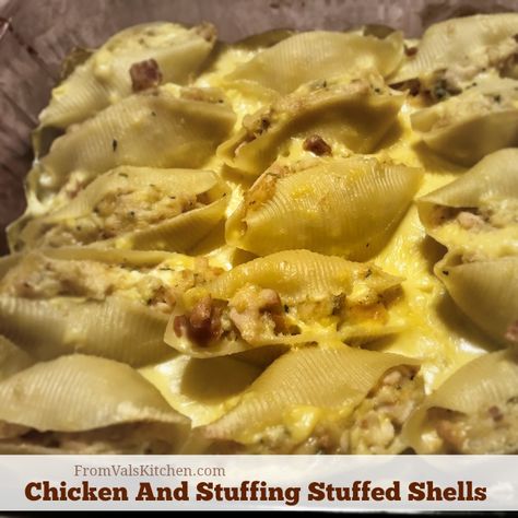 Chicken And Stuffing Stuffed Shells Recipe, Stuffing Stuffed Shells, Chicken Stuffed Shells, Chicken And Stuffing, Shells Recipe, Creamy Pasta Recipes, Chicken Stuffed, Stuffed Shells Recipe, Stuffing Recipes