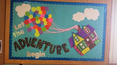 Bulletin board Up Up Inspired Bulletin Board, Movie Bulletin Boards, Preschool Room Decor, Disney Bulletin Boards, Up Bulletin Board, Middle School Bulletin Boards, Door Bulletin Boards, Form Board, Disney Themed Classroom