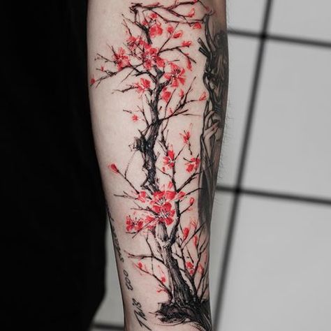 Tree Tattoo On Arm, Cherry Tree Tattoo, Cherry Tree Tattoos, Tatuaje Trash Polka, Cherry Blossom Tree Tattoo, Tree Tattoo Arm, Blossom Tree Tattoo, Half Sleeve Tattoos Forearm, Tattoo On Arm