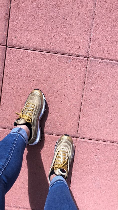 Air Max 97 Outfit Women, Air Max 97 Outfit, Gold Sneakers, Cute Sneakers, Cute Shoes, Air Max, Nike Shoes, Nike, Sneakers