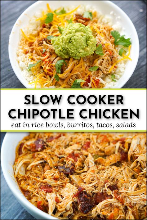 white bowls with shredded low carb chipotle chicken made in slow cooker with text Low Carb Low Calorie Crockpot Meals, High Protein Healthy Crockpot Recipes, Crockpot Chicken Recipes Low Carb, Low Carb Crockpot Chicken Recipes, High Protein Low Carb Crockpot Recipes, High Protein Crock Pot Meals, Low Carb Crockpot Recipes, High Protein Slow Cooker Recipes, Low Carb Crockpot Meals