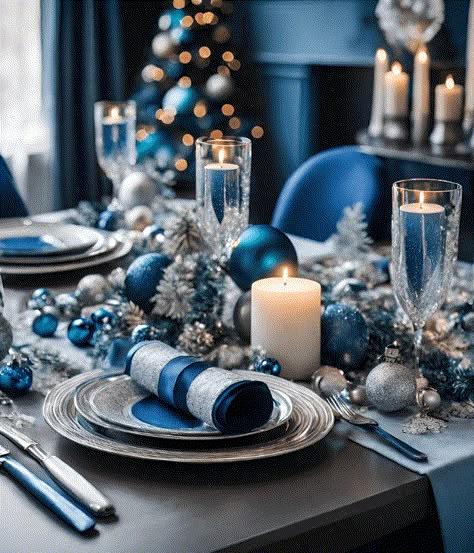 Christmas Table Settings Blue And Silver, Christmas Table Blue And Gold, Christmas Table Blue And Silver, Blue And Silver Tablescapes, Blue Christmas Table Decorations, Navy And Silver Christmas Table, Blue Christmas Dining Table Decor, Blue Silver Christmas Table, Blue Christmas Table Centerpieces