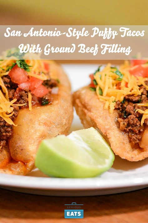 Puffy tacos, a San Antonio specialty, are made from fresh masa that puffs and… How To Make Puffy Tacos, Puff Tacos, Puffy Tacos Recipe, Tacos With Ground Beef, Puffy Taco, Puffy Tacos, Ground Beef Recipe, Mexican Tacos, Beef Recipe