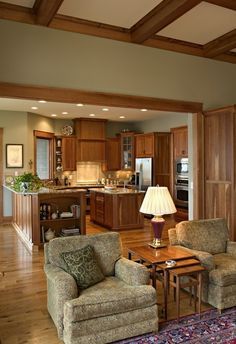 Stained Wood Trim, Oak Wood Trim, Kitchen Cabinets Ideas, Oak Trim, Cabinets Ideas, Oak Kitchen Cabinets, Kitchen Wall Colors, Trendy Living Rooms, Room Paint Colors