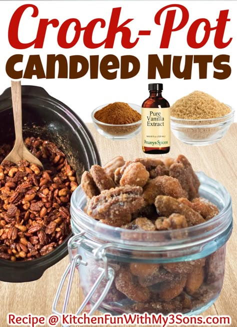 Candied Nut is a mixture of nuts, pecans, almonds, and cashews candied in vanilla, sugar, brown sugar, and cinnamon. Quick, Easy and can be made in the Slow Cooker or Oven. Candied Nuts Recipe, Slow Cooker Candy, Crockpot Candy, Candied Almonds, Walnut Recipes, Snack Mix Recipes, Nut Recipes, Candied Nuts, Crockpot Recipes Slow Cooker