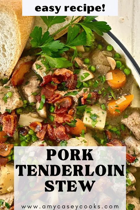 This Pork Tenderloin Stew Recipe is the ultimate comfort food for a chilly day. Delicious pork tenderloin cooks to perfection with carrots, onions, garlic, mushrooms and potatoes in a thick and rich white wine sauce. It's the perfect family dinner. Pork Tenderloin Stew Slow Cooker, Soup With Pork Tenderloin, Pork Tenderloin Stew Recipes, Pork Tenderloin Soup Recipes, Pork Loin Soup, Pork Tenderloin Soup, Stew Pork Recipes, Recipes Using Pork Tenderloin, Pork Tenderloin Stew