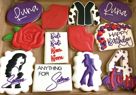 Selena Party Ideas, Selena Quintanilla Cookies, Selena Quintanilla Cookies Decorated, Selena Quintanilla Party Ideas, Selena Cookies, Selena Quintanilla Bachelorette Party, Selena Themed Cake, Selena Themed Party, Selena Quintanilla Birthday Cake