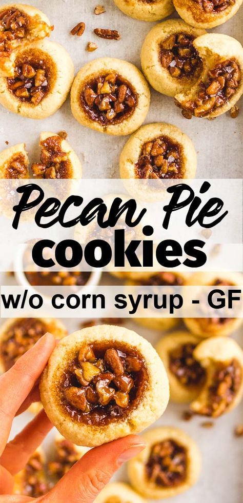 Pecan Pie Cookies (without corn syrup) - Pecan pie cookies are everything good about pecan pie in a cookie form. Soft, buttery cookie with a gooey, maple sweetened pecan pie center. #glutenfree #glutenfreebaking #maplesyrup #pecans #pecanpie #almondflour #cookies #baking #Thanksgivingrecipe #christmas #christmasbaking #christmascookies #dessert #butter | robustrecipes.com Betty Crocker Pecan Pie Cookies, Pecan Pie Stuffed Cookies, Pecan Pie Cookies Gluten Free, Gluten Free Pecan Pie Cookies, Gluten Free Maple Pecan Cookies, Easy Pecan Pie Cookies, Vegan Pecan Pie Cookies, Pecan Pie Cookies Recipe, Pecan Pie Cupcakes