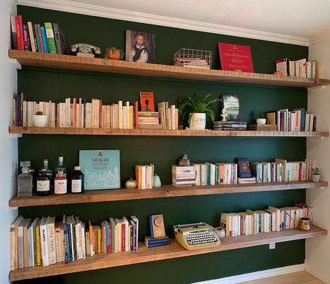 Home Library Colors, Dark Green Bookshelf, Make Bookshelf, Homemade Bookshelf, Floating Bookshelf Wall, Homemade Bookshelves, Green Bookshelves, Diy Bookcase, Bookcase Ideas