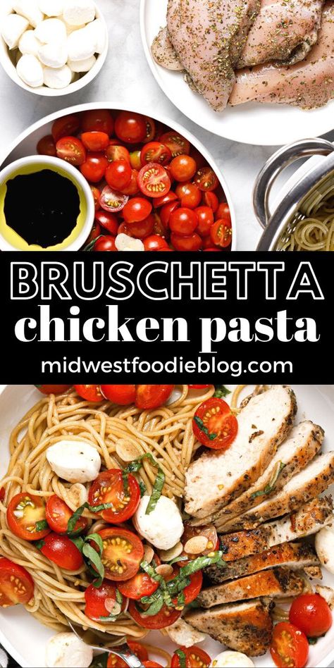 This Bruschetta Chicken Pasta is the perfect way to use up all those fresh summer tomatoes overflowing in your garden right now! Pair the marinated bruschetta with sauteed herb chicken which creates the perfect creamy balsamic pan sauce that coats the al dente spaghetti – and you’ve got a quick and easy weeknight dinner! Bruschetta Chicken And Pasta, Chicken Pasta Balsamic, Margherita Chicken Pasta, Bruschetta Dinner Recipe, Bruschetta Dinner Ideas, Bruschetta Chicken Pasta Tgi Fridays, Balsamic Chicken Pasta Recipes, Balsamic Pasta Recipes, Chicken Margherita Pasta