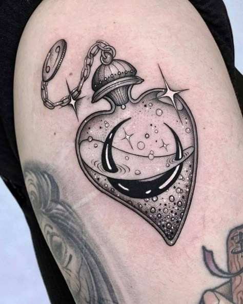 Galaxy Potion Bottle Tattoo, Heart Shaped Bottle Tattoo, Heart Bottle Tattoo, Heart Potion Bottle Tattoo, Poison Bottle Tattoo Design, Jar Tattoo Design, Vial Tattoo, Love Potion Tattoo, Bottle Drawings