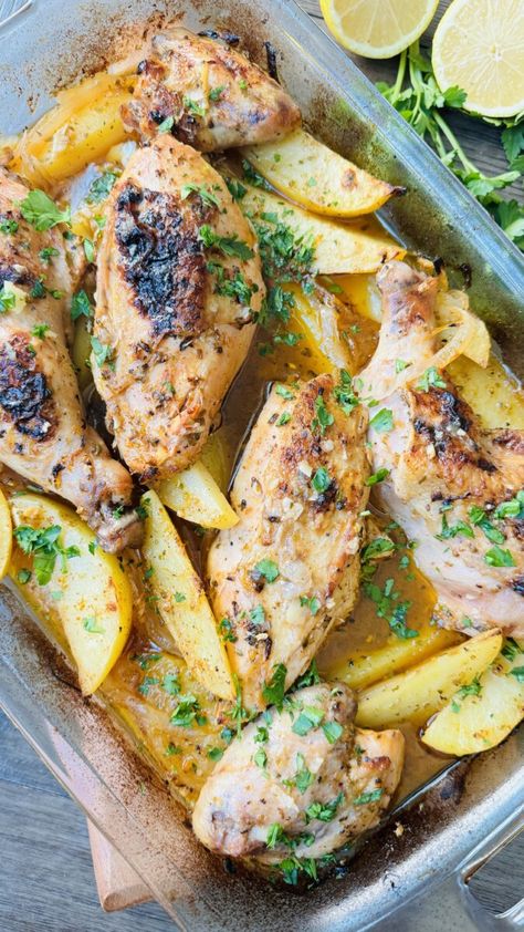 Easy Greek Lemon Chicken with Potatoes - Rana's Recipe Lemon Chicken With Potatoes, Greek Chicken Breast, Greek Chicken And Potatoes, Greek Grilled Chicken, Garlic Baked, Chicken Potato Bake, Chicken With Potatoes, Chicken And Potatoes, Greek Lemon Chicken