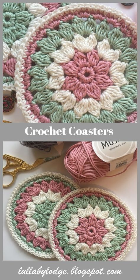 A last minute gift for Mum.  Pretty crochet coasters, a free pattern suitable for beginners.  These would make lovely Valentines or Mothers Day gifts.  Quick and easy to make you won't be able to stop at just one... #crochetcoaster #crochetcoasterpattern #freepattern #crochetmandala #mothersdaygift #handmadegift #crochetgift #crochettablemat #crochetmugrug Crochet Coasters Beginner, Crochet Mandala Coasters Free Pattern, Crochet Coaster Diagram, Granny Square Circle Pattern Free, Free Pattern Crochet Coasters, Granny Square Crochet Coaster, Coaster Knitting Pattern Free, Knit Coasters Free Pattern, Crochet Gifts For Mother In Law