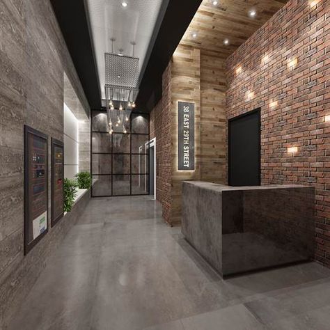 Industrial Lobby Design Offices, Industrial Chic Lobby, Industrial Office Reception, Lobby Industrial Design, Industrial Reception Area, Industrial Hotel Lobby, Industrial Lobby Design, Industrial Modern Brick Wall, Industrial Reception Design