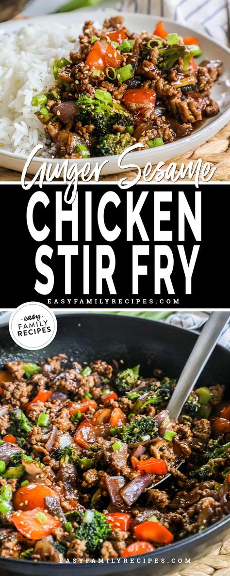 Ginger Sesame Ground Chicken Stir Fry · Easy Family Recipes Ground Chicken Stir Fry, Turkey Stir Fry Recipes, Sesame Chicken Stir Fry, Chicken Vegetable Stir Fry, Turkey Stir Fry, Protein Vegetables, Viral Recipes, Stir Fry Recipes Chicken, Ground Chicken Recipes