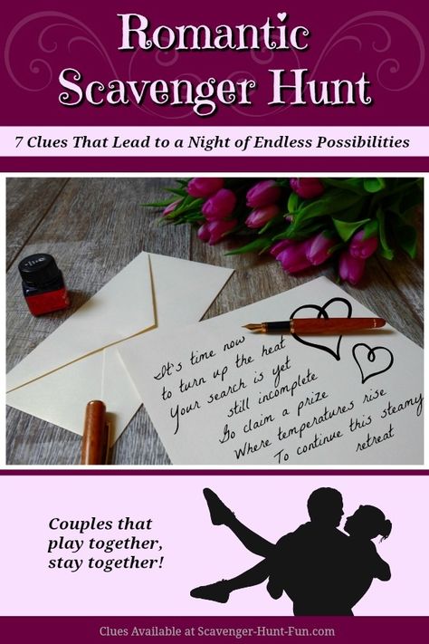 Add a little mystery to your romantic Valentine or anniversary celebration. Send your lover on a romantic scavenger hunt that leads to you and... Boyfriend Scavenger Hunt, Anniversary Scavenger Hunts, Romantic Scavenger Hunt, Scavenger Hunt Riddles, Souvenir Display, Scavenger Hunt Birthday, Adult Valentines, Surprise Boyfriend, Scavenger Hunt Clues