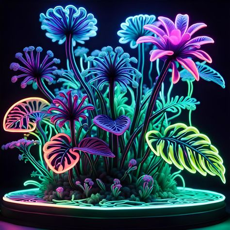 Glow In The Dark Plants, Bioluminescence Plants, Neon Plants, Neon Garden, Club Interior, Uv Painting, Transparent Art, Glowing Flowers, Camper Kitchen