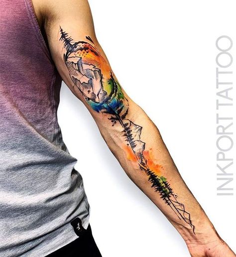 Watercolour Tattoo Men, Tattoo Christian, Watercolor Tattoo Sleeve, Stag Tattoo, Nature Tattoo Sleeve, Geometric Sleeve Tattoo, 3d Mapping, Tattoo Inspiration Men, Cool Forearm Tattoos