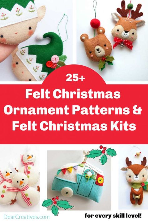 Felt Christmas Ornament Patterns And Kits For All Skill Levels - Dear Creatives Felt Ornament Patterns, Felt Christmas Ornament Patterns, Pinterest Christmas Crafts, Christmas Deer Decorations, Easy Felt Crafts, Diy Felt Christmas Ornaments, Felt Craft Projects, Ornaments To Make, Felt Ornaments Patterns