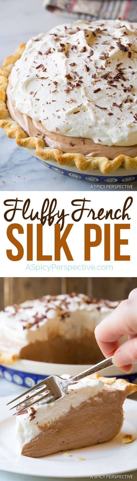 The Best French Chocolate Silk Pie Recipe: An easy chocolate silk pie whipped up with a secret ingredient, to make it super silky light. Enjoy! #aspicyperspective #foodblog #foodie #instayum #hungry #thekitchn #onmytable #dailyfoodfeed #foodlove #foodpic #instafood #foodstagram #tasty #frenchsilkpierecipe #frenchsilkpie #silkpie #chocolatecreampie #chocolatepie #creampie #pie #French #dessert French Silk Pie Recipe, Chocolate Silk Pie Recipe, Silk Pie Recipe, Chocolate Silk Pie, Chocolate Mousse Pie, French Silk Pie, Silk Pie, Chocolate Cream Pie, Dessert Aux Fruits