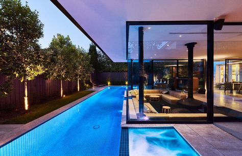 Swimming Pool House Featuring a Sunken Living Room | Home Design Lover Backyard Pool Design, Moderne Pools, Indoor Pool Design, Pool Room, Bali House, Sunken Living Room, Swimming Pool House, Pool Landscape Design, Modern Villa Design