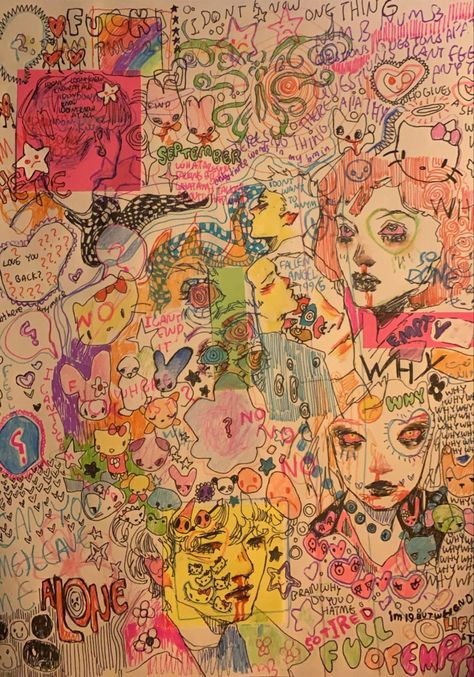 Drawing Journal Sketchbooks, Cluttered Drawing, Funky Sketchbook Ideas, Messy Journal Aesthetic Grunge, Cluttered Sketchbook, Colorful Sketchbook Pages, Messy Sketchbook Ideas, Y2k Sketchbook, Sketchbook Ideas Grunge