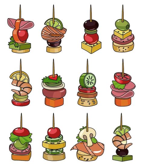 Canape of appetizer color vector illustr... | Premium Vector #Freepik #vector #canape #tapas #sandwich-illustration #buffet Tapas Illustration, Sandwich Illustration, Tapas Spain, Cold Appetizer, Collagen Recipes, Canapes Recipes, Menu Illustration, Stick Drawings, No Cook Appetizers