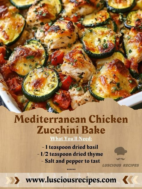 Yummy Food | Mediterranean Chicken Zucchini Bake | Facebook Mediterranean Diet Chicken Zucchini Bake, Chicken Pesto Zucchini, Chicken Zucchini Bake Healthy, Health Mediterranean Dinner, Baked Chicken And Zucchini Recipes, Healthy Chicken Mediterranean Recipes, Mediteranian Chicken Recipe, Chicken With Zucchini And Tomatoes, Easy Healthy Mediterranean Meals