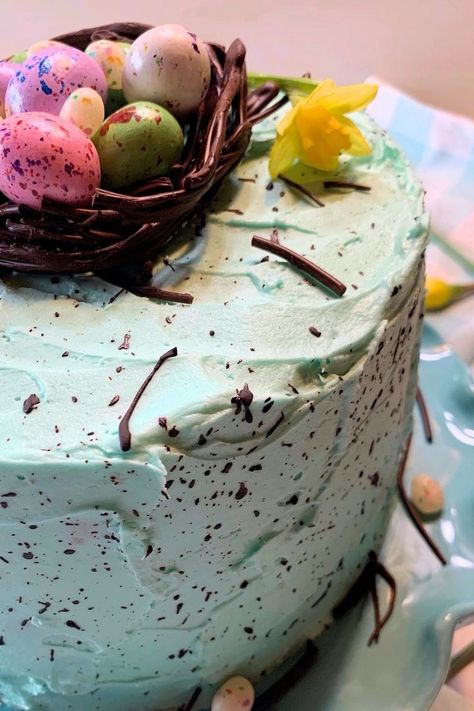 A speckled Easter cake with a chocolate nest full of candy eggs on top. Malted Coconut Cake, Malted Milk Powder, Easter Dessert Table, Chocolate Nests, Moist Vanilla Cake, Best Buttercream, Robin Egg Blue, Egg Cake, Homemade Frosting