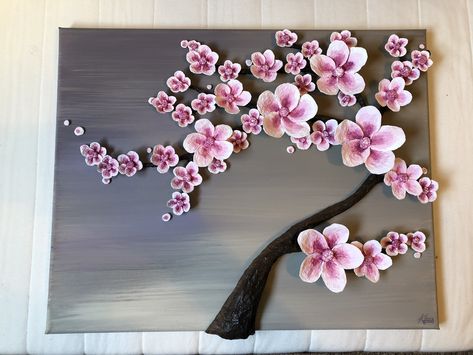 A 3D representation of a cherry blossom tree on canvas. This item is for sale and is 16" x 20". Not your style? Want something a little different or a different size? Ask me to make you a custom 3D canvas painting! 3d Cherry Blossom Tree, 3d Tree Painting, 3d Canvas Painting, Birthday Quilling, Tree On Canvas, Diy Large Wall Art, 3d Canvas, Base Drawing, Plaster Wall Art