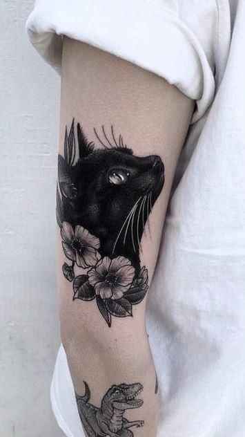 Black Cat Sleeve Tattoo, Black Cat Arm Tattoo, Gothic Black Cat Tattoo, Nature Tattoo Cover Up, Cat With Books Tattoo, Black Cat Tattoos For Women, Black Cat Memorial Tattoo, Black Tattoos Cover Up, Black Cat Tattoo Traditional