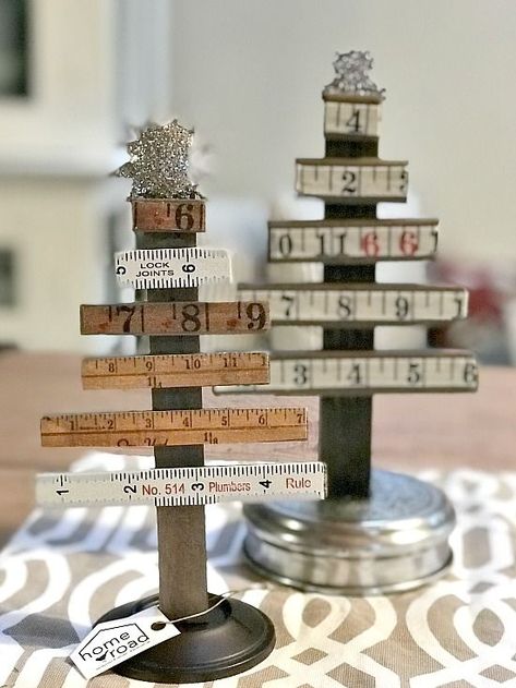 Vintage Ruler Christmas Trees | Homeroad.net #Christmas #Christmastree #diyproject #holidaydecor #rulers #vintage Yardstick Crafts, Repurposed Antiques, Vintage Ruler, Farmhouse Thrift Store Makeovers, Ruler Crafts, Collection Displays, Yard Sticks, Winter Projects, Cottage Market