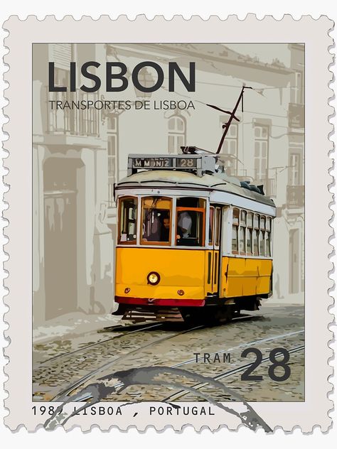 "Lisbon Tram 28 Stamp" Sticker for Sale by alexmarchioli Portugal Culture, Portugal Tattoo, Stamp Illustration, Lisbon Tram, Embroidery Video, City Postcard, Silence Is Golden, Uni Room, Aesthetic Letters