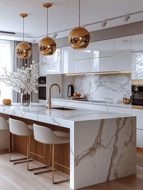 Discover the latest kitchen design trends with this elegant marble setup! The gold accents and modern fixtures create a luxurious feel, perfect for a home bedroom refresh. Transform your space today! 🏡 #KitchenDesign #HomeRefresh #InteriorStyling Kichen Desine 2024, Trending Kitchens 2024, Kitchen Gold Accents, Kitchen Island And Bar, Latest Kitchen Designs Modern, Kitchen Italy, Modern Fixtures, Kitchen Bar Design, Elegant Kitchen Design