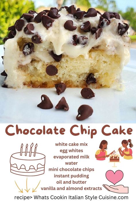 Chocolate Chip Cake Cake Mix With Chocolate Chips, Chocolate Chip Cake Recipe, Pudding Frosting, Cake Mix Doctor, Cake Mix Cupcakes, Frosting Ideas, Doctor Cake, Fluffy Frosting, Cake From Scratch