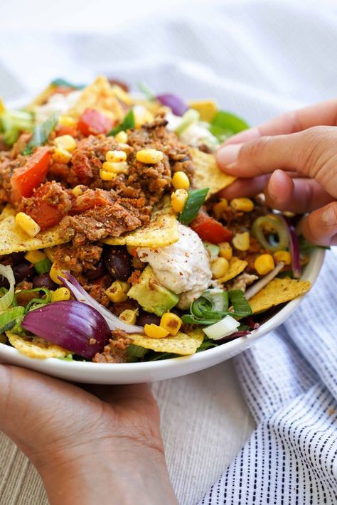 Lentil Nachos, Lentil Meat, Nacho Bowl, Vegan Food Recipes, Green Lentil, Cashew Sour Cream, Canning Sweet Corn, Sour Cream Dip, Vegan Nachos