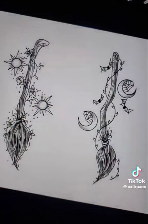 Which Broom Tattoo, Minimalistic Witch Tattoo, Witch's Broom Drawing, Witchy Key Tattoo, Good Witch Tattoo Ideas, Witch Broom Tattoo Design, Small Matching Witchy Tattoos, Witchy Sister Tattoos For 2, Sanderson Sister Tattoo Ideas