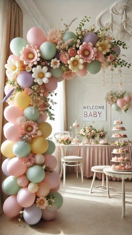 Flower Themed Decor, Baby Shower Decorations Girl Simple, Balloon Arches For Baby Showers, Baby Shower Decorations Balloons, April Showers Theme, Pink Balloon Arch With Flowers, Baby Girl Bunny Baby Shower Ideas, Baby Shower Ideas Baby Girl, Neutral Floral Baby Shower Ideas