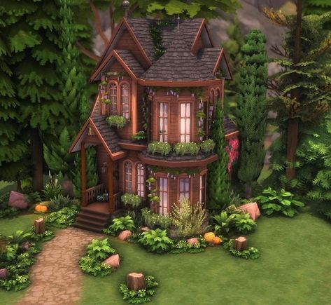 Sims Glimmerbrook House, Glimmerbrook House Sims 4, Ts4 Build Ideas, Exterior Design Bloxburg, Sims 4 Witch Cottage, Sims 4 Aesthetic House, Colonial House Exterior Design, Sims 4 Witch House, Exterior Colonial House