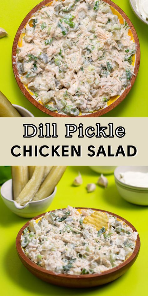 An overhead view of chicken salad with dill pickles. Protein Chicken Salad, Dill Pickle Chicken Salad, Pickle Chicken Salad, High Protein Chicken Salad, Dill Pickle Chicken, High Protein Bariatric Recipes, Pickle Chicken, High Protein Lunch Ideas, High Protein Lunch