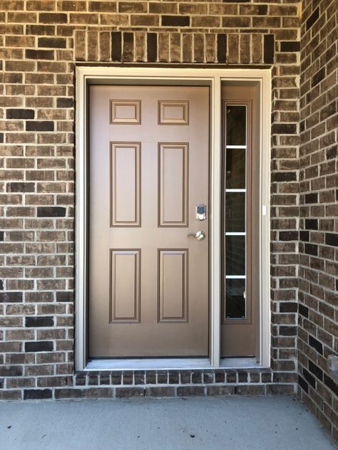 6 Panel Door, Side Lite with Clear Glass with Grids: Paint SW6082 Cobble Brown, Door Trim Painted SW7504 Keystone Gray To Match Trim Front Door Brown Brick House, Taupe Front Door Brick House, Chocolate Brown Door, Half Lite Craftsman Front Door, Brown Front Doors Lowe's, 6 Panel Door, Brown Front Doors, Tan House, Brown Trim