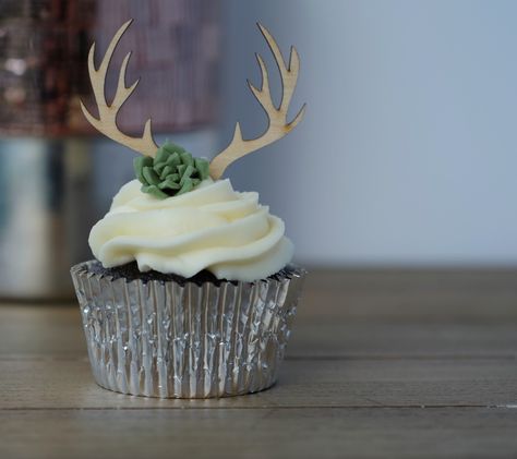 Antler and succulent red velvet cupcakes Pig Roaster, Bakery Inspiration, Bridal Shower Cupcakes, 90s Country, Madison Wedding, Floral Cupcakes, Velvet Cupcakes, Welcome Party, Red Velvet Cupcakes