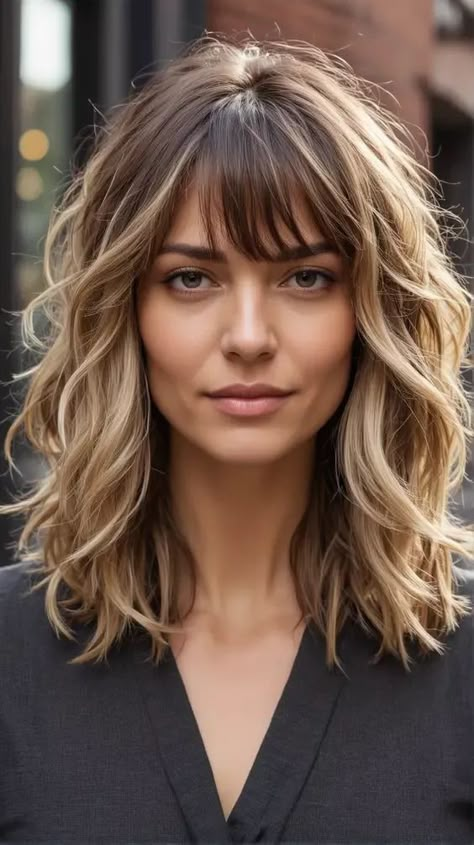 Soft Waves With Bangs, Shaggy With Bangs Mid Length, Hairstyles For Medium Length Hair With Fringe, Mid Length Haircut With Bangs And Layers, Bangs On Short Wavy Hair, Shoulder Length With Layers And Bangs, Long Wavy Bob With Bangs, Wavy Blonde Hair With Bangs, Mid Length Hair With Layers And Bangs Round Faces