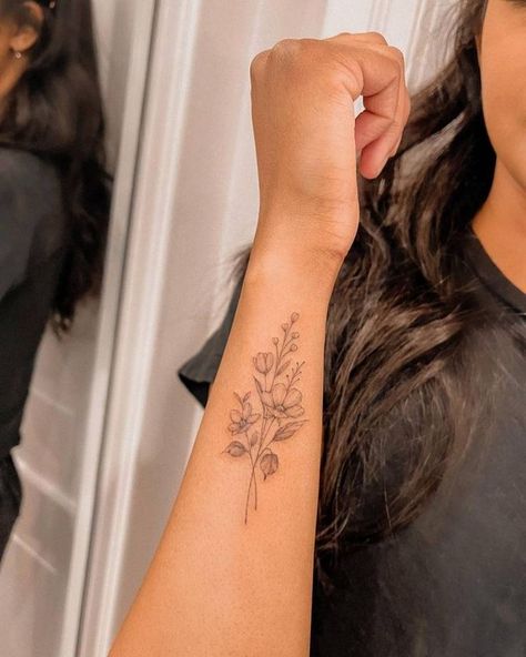 Fine Line Flower Bouquet, Fine Line Flower Bouquet Tattoo, Line Flower Bouquet, Flower Bouquet Tattoo, Flower Wrist Tattoos, Bouquet Tattoo, Petite Tattoos, Birth Flower Tattoos, Forearm Tattoo Women