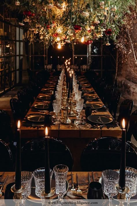 Looking for ideas for your dark themed wedding? Look no more, all the ideas you need is our blog post! Let's be friends on IG for more wedding related inspiration! @liligancebridal #darkmoodyweddings #autumunweddings #halloweenweddings #gothicweddings #fallweddings #darkthemeweddings #whimsicalweddings Dark Modern Wedding Decor, Dark Candle Lit Wedding, Dark Wedding Inspiration, Victorian Fall Wedding, Moody Castle Wedding, Whimsical Dark Wedding, Dark Castle Wedding Aesthetic, Goth Whimsical Wedding, Goth Wedding Decorations Table Settings