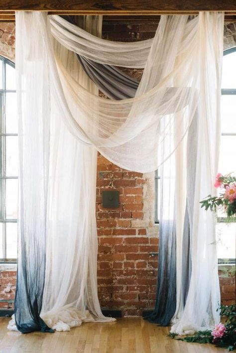 Loft Wedding Reception, Industrial Loft Wedding, Wedding Ceremony Backdrop Indoor, Ceremony Backdrop Indoor, Wedding Alters, Fabric Draping, Wedding Ceremony Ideas, Indoor Wedding Ceremonies, Loft Wedding