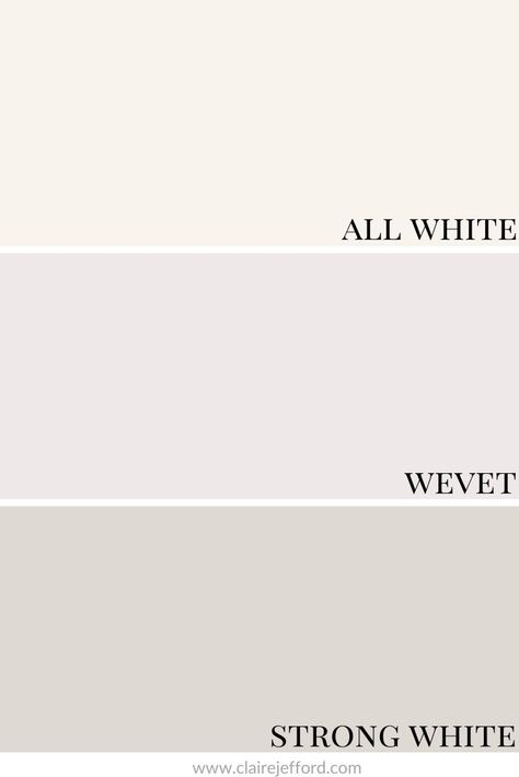 Farrow & Ball whites - All White, Wevet and Strong White all work beautifully with Railing No. 31. Learn more about this colour here. Farrow And Ball Wevet Living Rooms, Farrow And Ball Strong White Kitchen, Hallway Farrow And Ball Paint Colors, Farrow And Ball Wevet Kitchen, Wevet Farrow And Ball Bedrooms, Wevet Farrow And Ball Hallway, Strong White Farrow And Ball Hallway, Farrow And Ball Colour Schemes Hallways, Wevet Farrow And Ball Kitchen