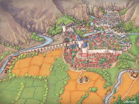 I'm open for commissions! Reach out through my website! Fantasy City Map, Pictorial Maps, Fantasy Maps, Map Pictures, D D Maps, Fantasy City, Fantasy Setting, Fantasy Places, Fantasy Map