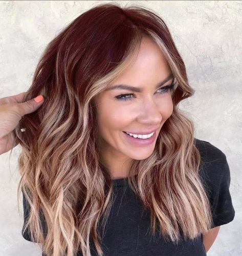 Hair Color Ideas For Burgundy, Red Blonde Color Melt, Red Brown Balayage With Money Piece, Reddish Brown Hair With Blonde Money Piece, Trendy Auburn Hair, Red Brown With Blonde Balayage, Red Brown With Blonde Money Piece, Auburn Hair Color With Blonde Balayage, Red Blond And Brown Hair